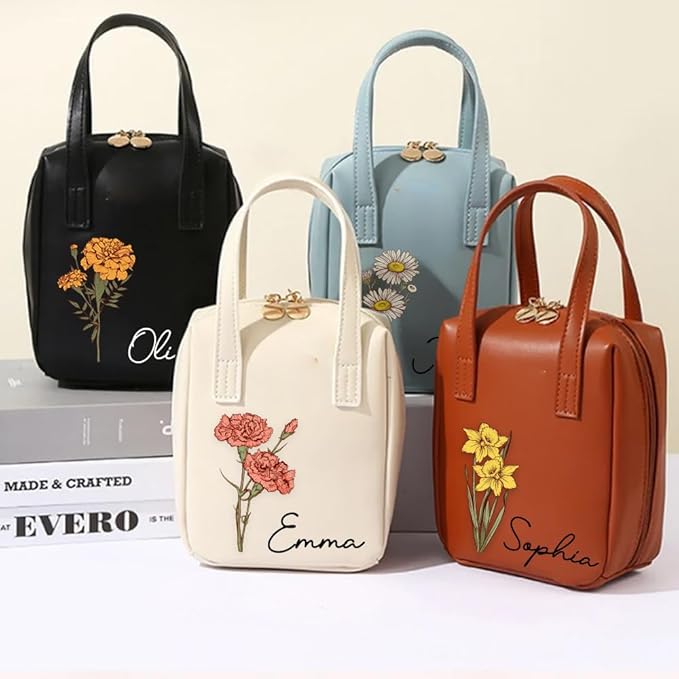 Custom Name Leather Makeup Bag Travel Toiletry Bag with Birth Flower Handle Personalized Make Up Storage Bags for Women Large Capacity Cosmetic Bag Organiser Vanity Case Womens Toiletries Wash Bags