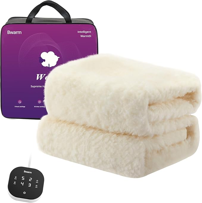 Bwarm Muilt-Zone Heated Mattress Pad Twin XL Wool Electic Mattress Pad, Touchscreen Bed Warmer with 9 Heat Settings, 1-12 Hours Auto Off Memory Deep Pocket,Machine Wash White Twin XL 39" x 80"