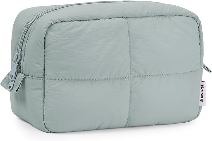 Narwey Puffy Makeup Bag for Travel Women Girl, Quilted Makeup Bag Cosmetic Bag, Cute Puffer Make Up Organizer Bags, Travel Toiletry Bag Toiletries (Sage Green)