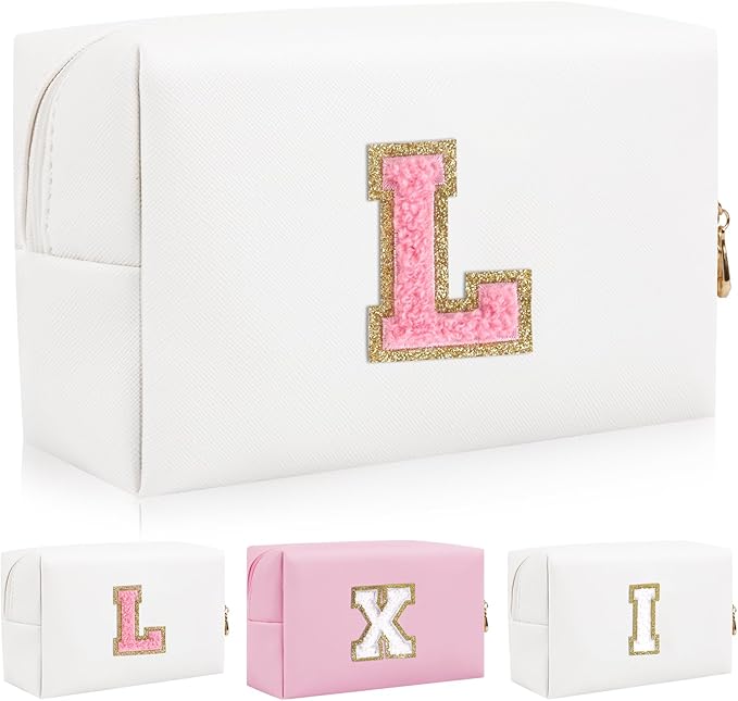 Personalized Initial Patch Makeup Bag, Preppy Portable Chenille Letter Cosmetic Bag With Zipper, PU Leather Waterproof Travel Toiletry Bag Monogram Make Up Pouch for Women Girls (Letter L)