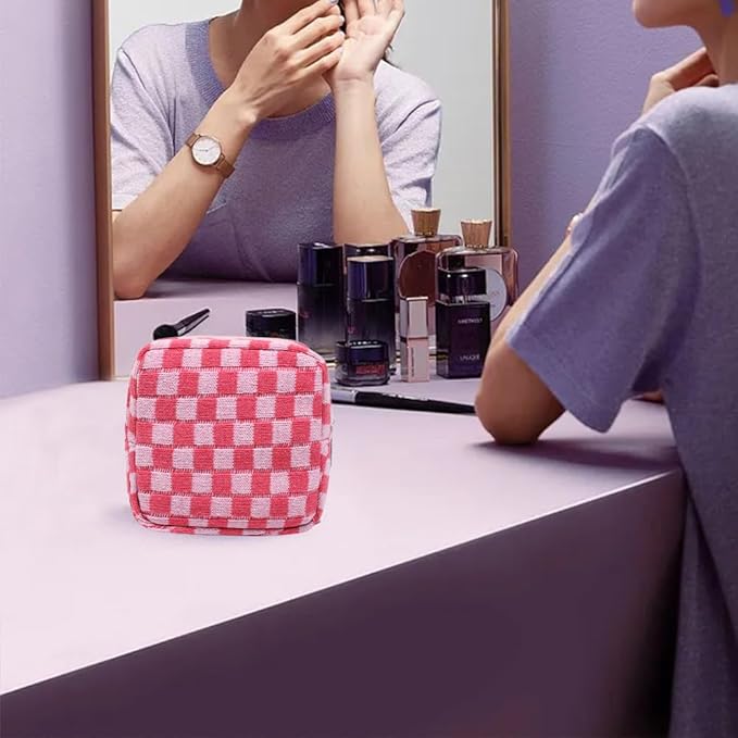 Small Pink Makeup Bag for Purse, Mini Checkered Cosmetic Bag Zipper Cute Make Up Pouch Travel Toiletry Case Quilted Aesthetic Accessories Makeup Storage Bag Organizer for Women Girls