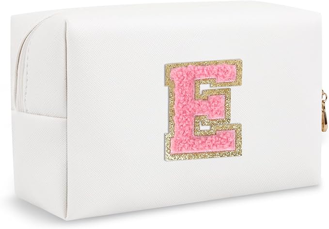 Personalized Chenille Letter Preppy Makeup Bag, Small White Travel Cosmetic Bag Initial Toiletry Zipper Pouch Monogram Makeup Storage, Waterproof Makeup Case Travel Essentials for Women Her(Letter E)