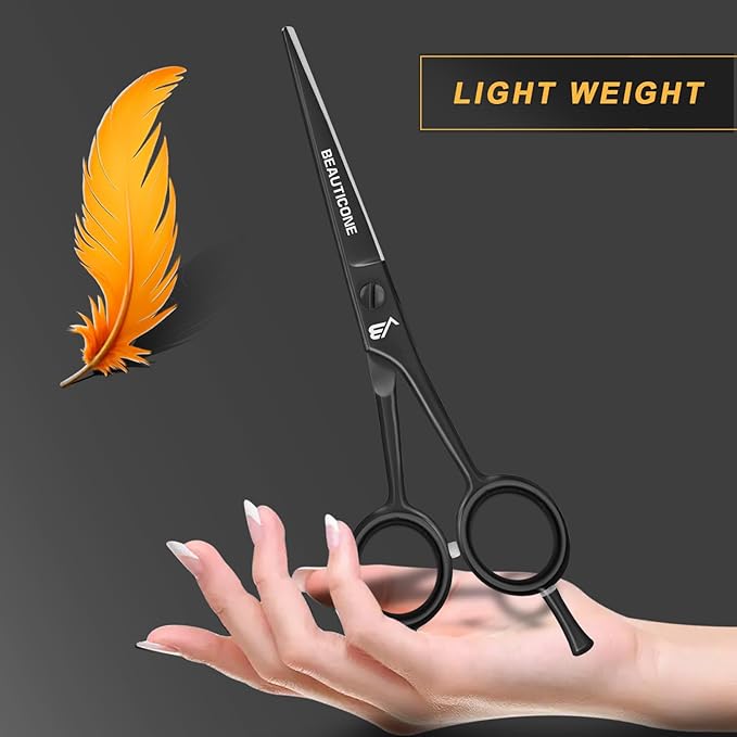 BEAUTICONE ® Hair Cutting Scissors - High Carbon SS 6.5" Professional Barber-Grade Salon Shears with Serrated & Razor Edge - Black Premium Gift Box with Leather Pouch & Extra Accs - Ultra Lightweight
