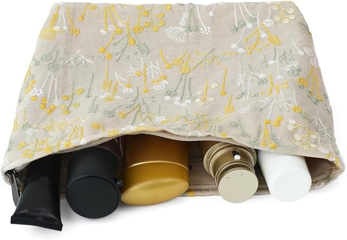 Floral Cotton Embroidered Makeup Bag - Large Capacity Cosmetic Pouch for Travel, Makeup Organizer & Toiletry Bag with Zipper, Perfect for Daily Use & Gifts