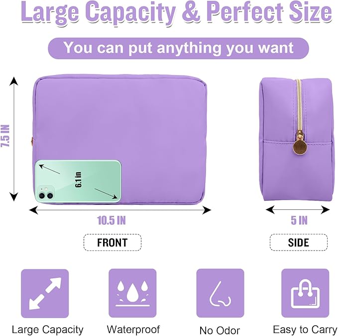 Nylon Large Makeup Bag Travel Cosmetic Bag Pouch, Preppy Big Makeup Bag Cute Cosmetic Zipper Pouch Purse, Waterproof Toiletry Bag Clutch Makeup Organizer Travel Essentials for Women Men Girls(Purple)