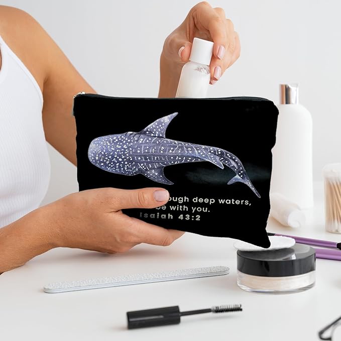 Whale Shark Christian Makeup Bag Pouch, Christian Shark Gifts for Women, Bible Verse Gifts Isaiah 43:2, When you go through deep waters I will be with you(black)