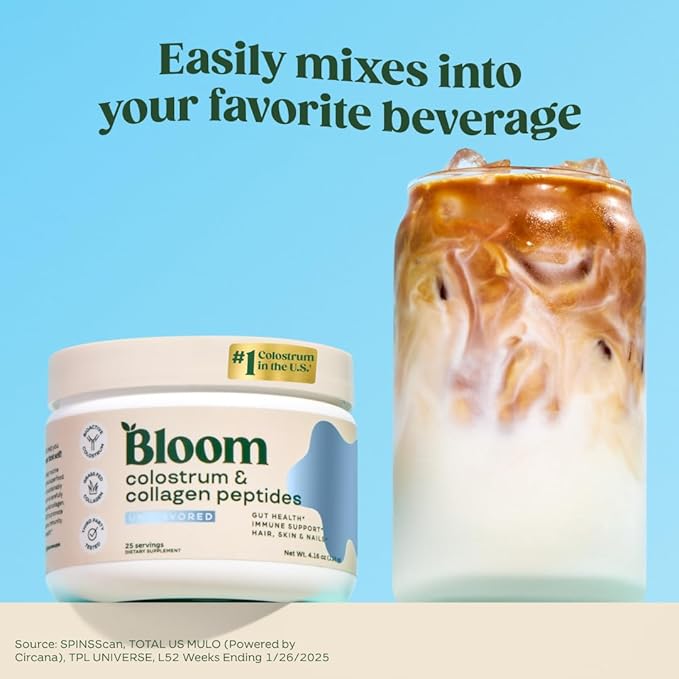 Bloom Nutrition Bovine Colostrum Powder with Vitamin B-12 for Gut Health, Immune Support, Hair Growth & Beauty Supplement | Unflavored, 25 Servings