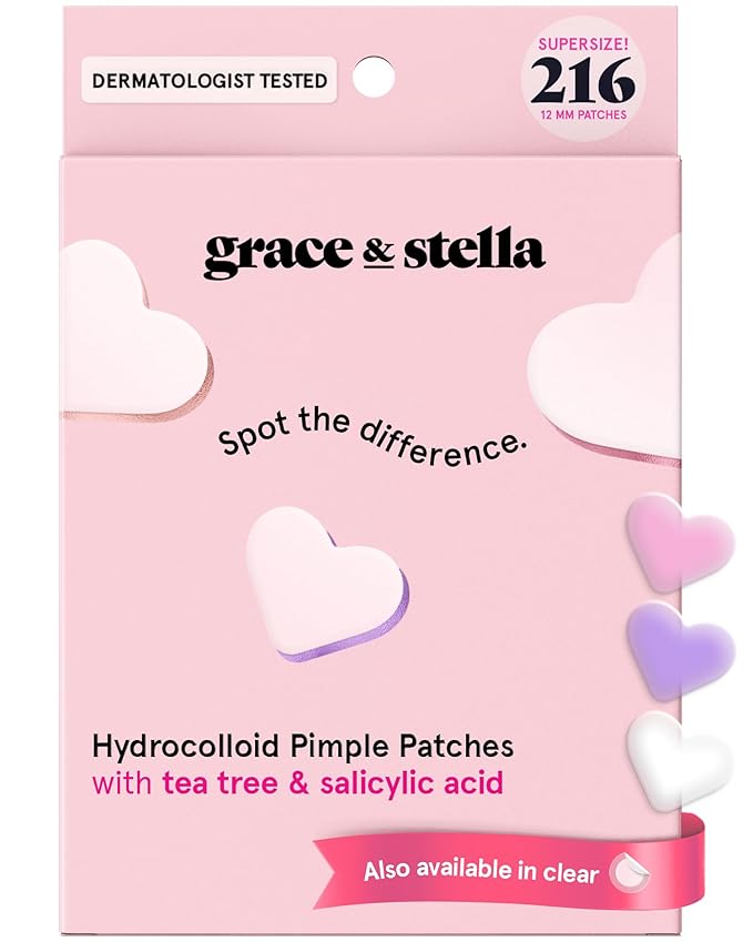 grace & stella Award Winning Pimple Patches for Face - Dermatologist Tested Acne Patches - Hydrocolloid Patch for Breakouts, Whiteheads - Vegan Acne Spot Treatment for Face (Hearts, 216 Pack)