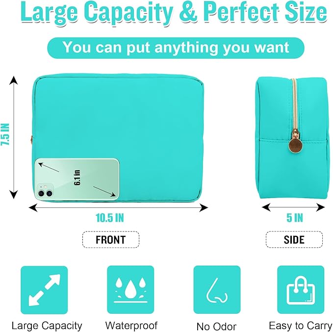Nylon Large Makeup Bag Travel Pouch for Women, Preppy Big Makeup Bag Cute Cosmetic Zipper Pouch Purse, DIY Chenille Letter Bag Waterproof Toiletry Bag Clutch Make Up Organizer for Women Girls(Mint)
