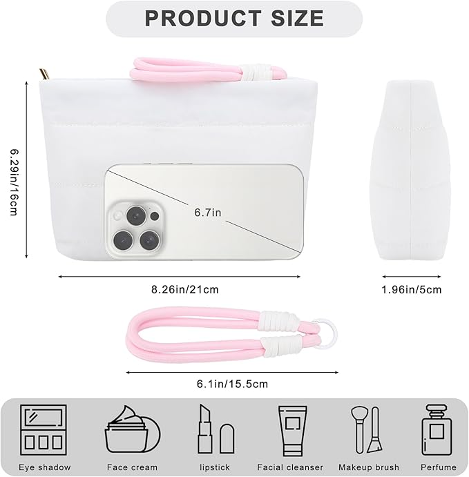 DOB SECHS Quilted Makeup Bag with Handle Detachable Cute Puffy Cotton Cosmetic Bags for Women, Small Puffer Toiletry Zipper Make Up Pouch, Quilt Clutch Bag Travel Organizer Storage Pouches Case, White