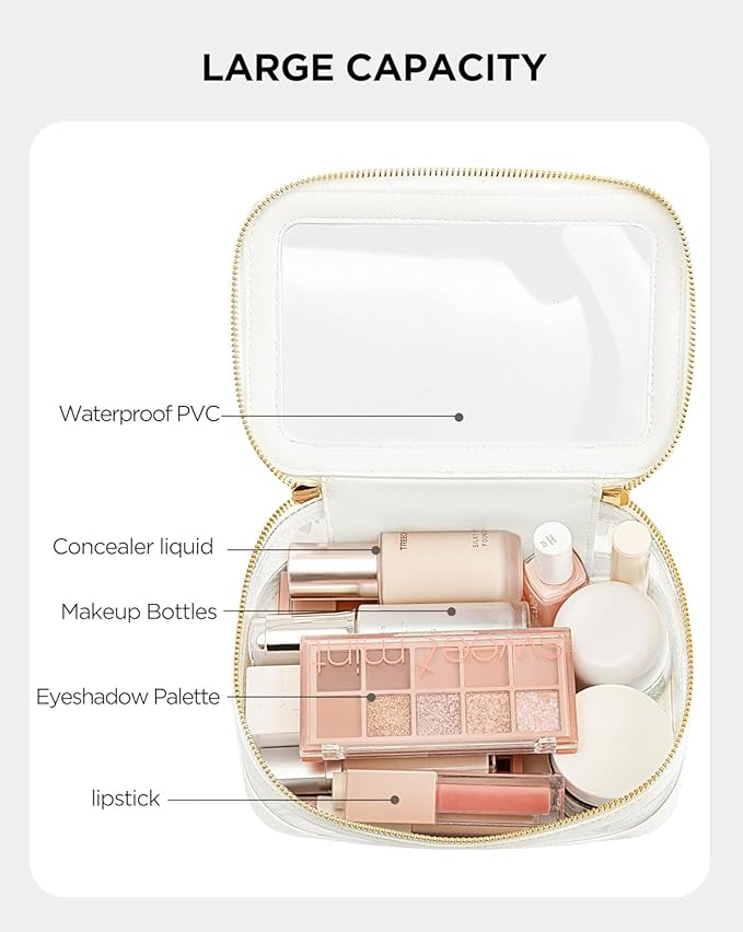 HBlife Clear Makeup Bag Organizer Set, Portable Travel Toiletry Cosmetic Case for Women, Large Make Up Bag Makeup Train Case Transparent Storage Pouch with Handle(White)
