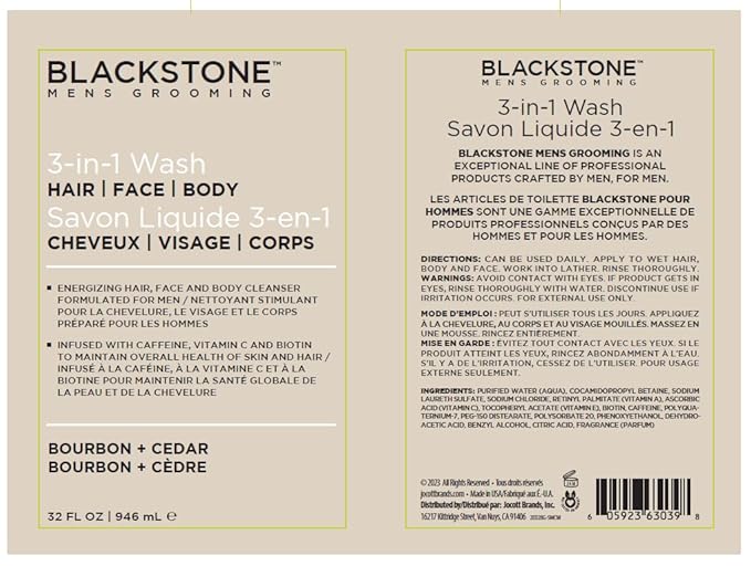 Blackstone 3-in-1 Wash for Men | Cleanses & Conditions Hair, Body, & Face | For All Skin & Hair Types | With Caffeine, Vitamin C, Hemp Seed Oil & Biotin - Bourbon & Cedar, 32 fl oz