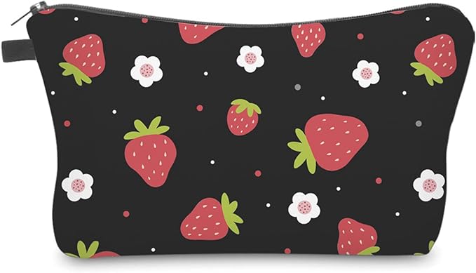Cute Travel Makeup Bag Cosmetic Bag Small Pouch Gift for Women (Strawberry Black)
