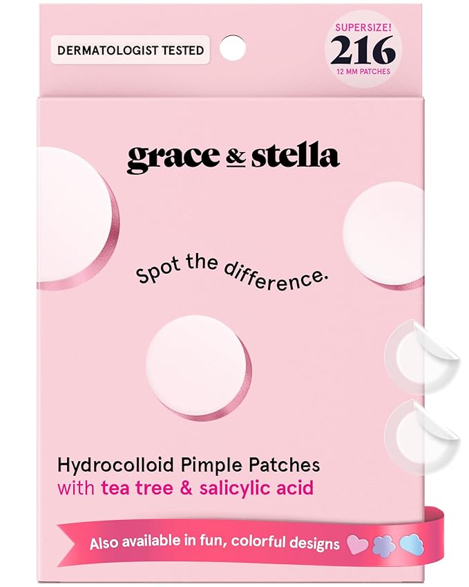 grace & stella Award Winning Pimple Patches for Face - Dermatologist Tested Acne Patches - Hydrocolloid Patch for Breakouts, Whiteheads - Vegan Acne Spot Treatment for Face (Invisible, 216 Count)