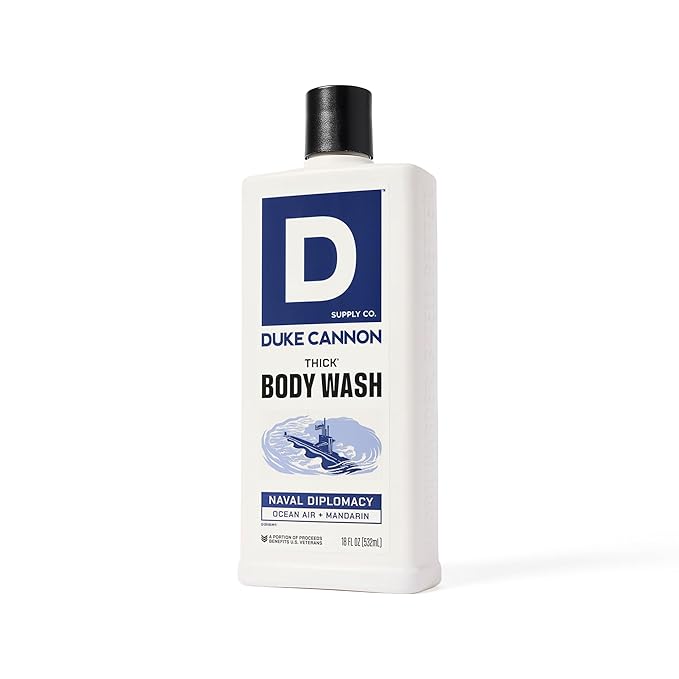Duke Cannon Supply Co. Thick High Viscosity Body Wash - 3X Thicker, Cleansing Shower and Bath Gel, Mineral-Enriched Body Wash - Citrus Musk + Cedarwood - Mens Body Scrub - Naval Diplomacy (18 oz)