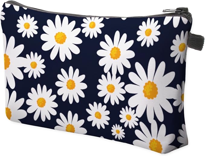 Cute Travel Makeup Bag Cosmetic Bag Small Pouch Gift for Women (Daisy Dark Blue)