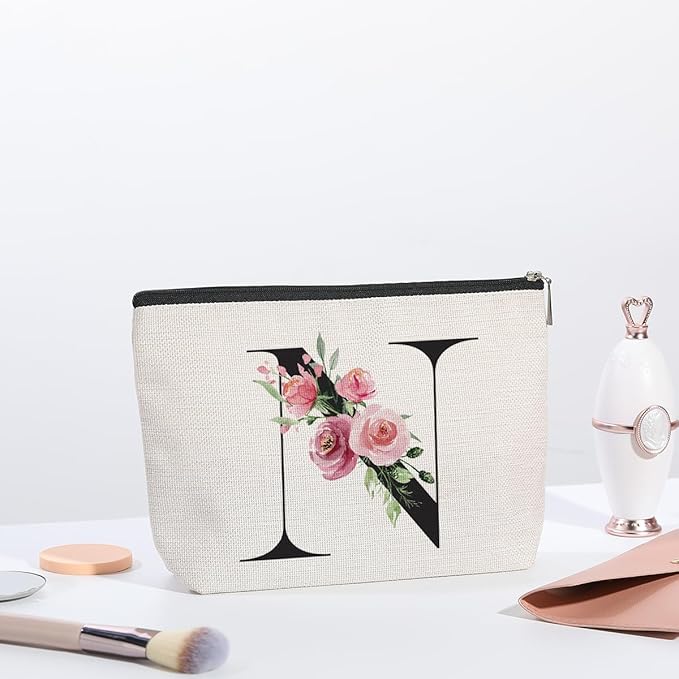 Initial Makeup Bag, Personalized Gifts for Women, Bridesmaid Gifts, Birthday Gifts for Women Mom, Gifts for Best Friend, Bride Bridesmaid Cosmetic bag (Letter N)
