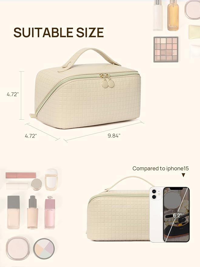 Telena Leather Make Up Bag Portable Travel Makeup Bag Waterproof Cosmetic Bags for Women Large Capacity With Handle and Divider Open Flat
