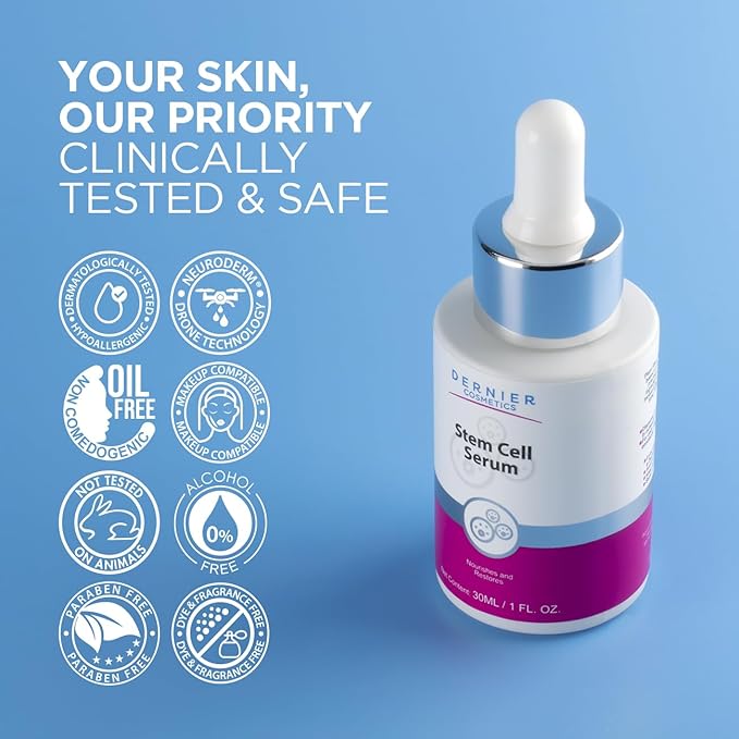 Dernier Stem Cell Serum for Face – 3% Bio Vegan Stem Cells 1% Hyaluronic Acid 0.3% Allantoin | Overnight Hydrating Anti-Aging Moisturizer for Wrinkles Collagen Boost Acne Inflammation (1 fl oz)