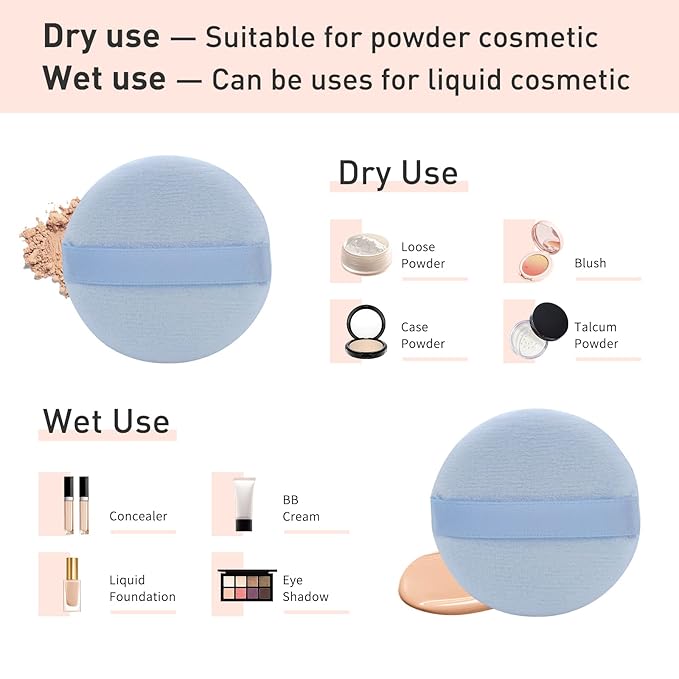 12 PCS Cotton Powder Puff, Face Puff Makeup Puffs Pads, Velour Powder Puff Round Fluffy Puff for Loose Powder Foundation (Blue)