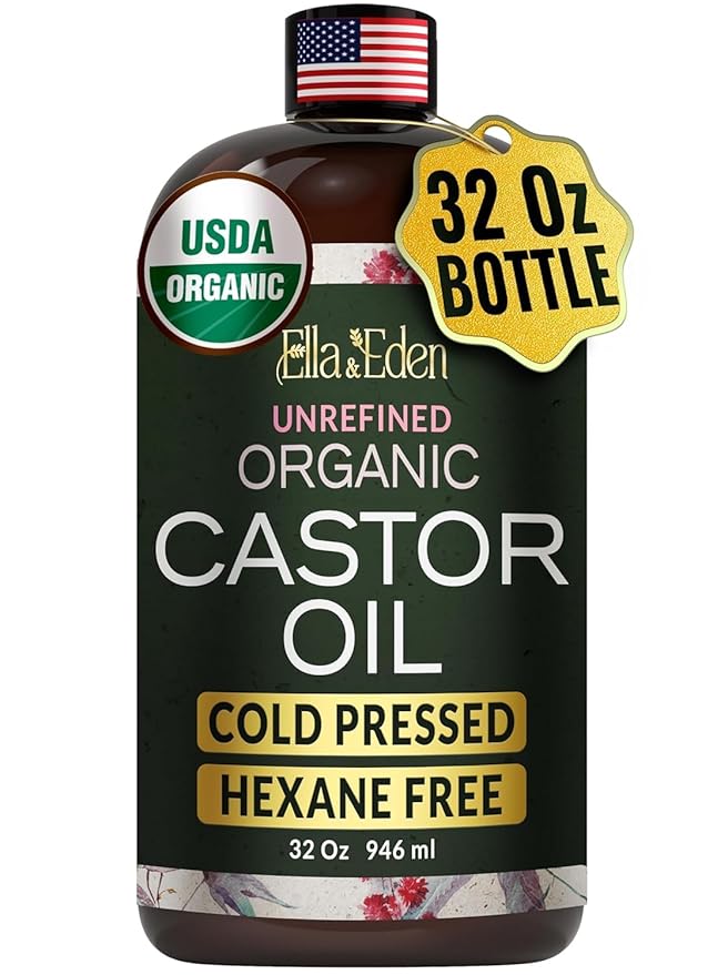 Ella & Eden Organic Castor Oil – Cold-Pressed Hexane-Free Unrefined - For Hair Growth, Skin and Face - USDA Certified & 100% Pure - 32 fl oz