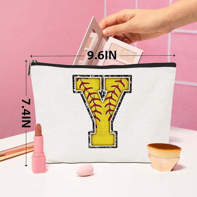 Initial Makeup Bag Monogrammed Cosmetic Bag Letter Y Zipper Pouch Softball Accessories for Girls Women Player Coach Friend Graduation Birthday Gifts