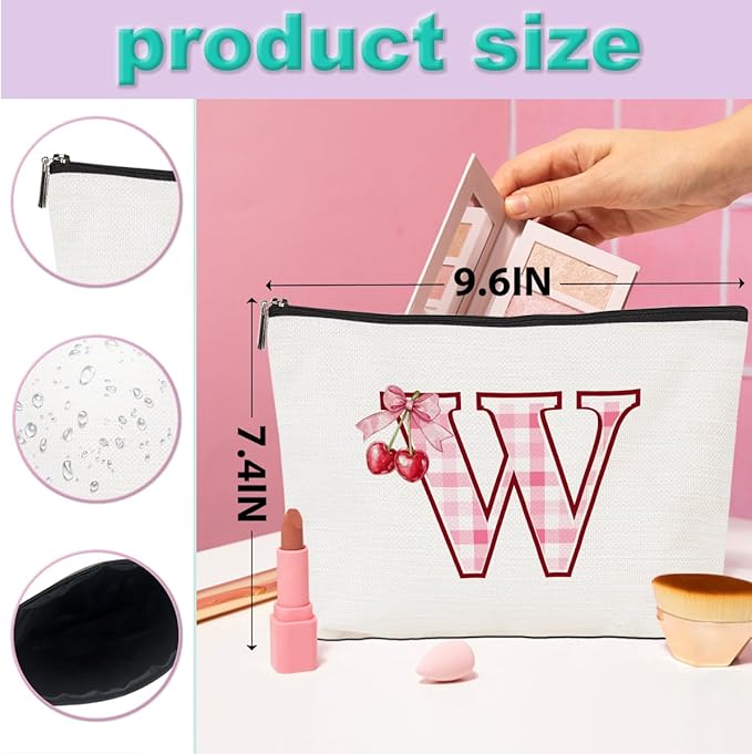 Initial Makeup Bag Monogram Cosmetic Bag Monogrammed Gifts for Women Girls Friends Coworker Teacher Personalized Travel Toiletry Bag Christmas Bridal Shower Wedding Bridesmaid Gifts, Cherry W