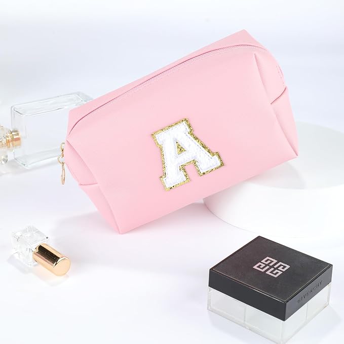 MSQ Personalized Makeup Bag Initial A-Z Patch Bag, PU Leather Cosmetic Bag Pouch Travel Toiletry Bag with Zipper, Gift Ideal for Teen Girls Friend Mom Women Birthday(Pink A)