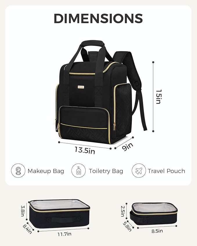 Large Travel Makeup Bag with 2 Removable Case, Dual-Shoulder Multi-Functional Cosmetic Bag,Double Layer Big Capacity, Portable Toiletry and Skincare Storage Pouch Black