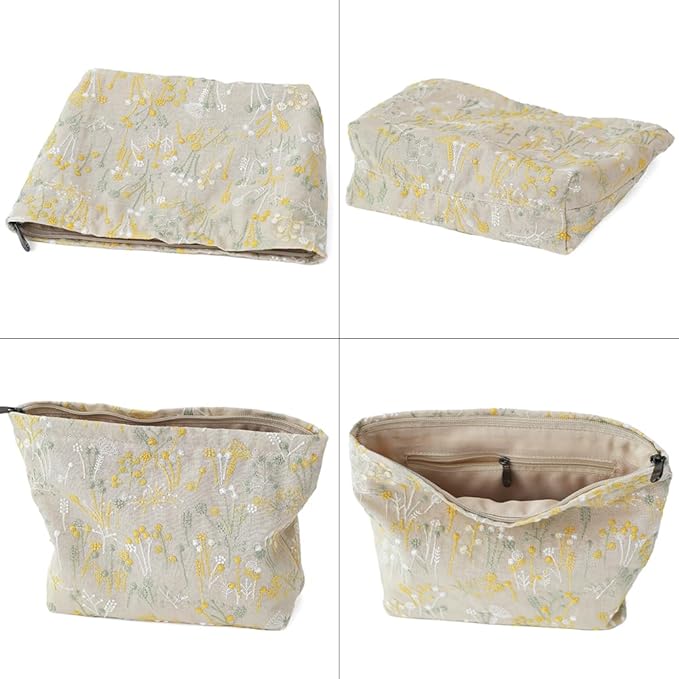 Floral Cotton Embroidered Makeup Bag - Large Capacity Cosmetic Pouch for Travel, Makeup Organizer & Toiletry Bag with Zipper, Perfect for Daily Use & Gifts