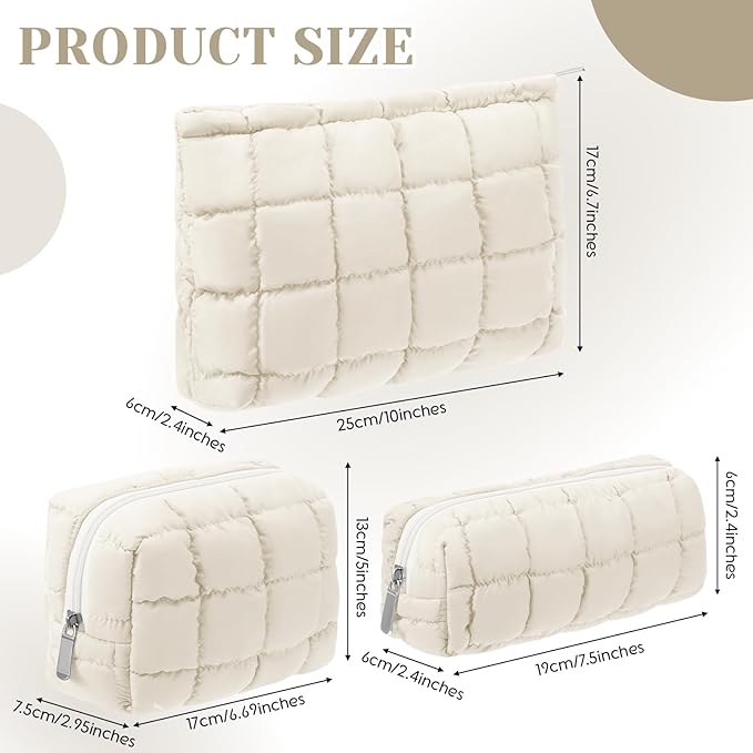 3 Pcs Puffy Makeup Bag Quilted Cosmetic Pouch for Women Cute Checkered Travel Toiletry Bag Puffer Makeup Organizer Purse Pouch Preppy Pencil Case with Zipper