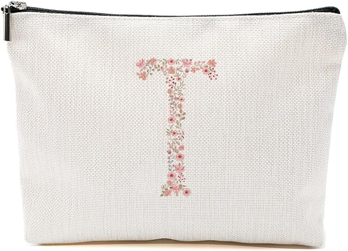 Initial Makeup Bag Floral T Personalized Cosmetic Bag Monogrammed Gifts for Women Girls Friend Bestie Monogram Zipper Pouch for Teacher Appreciation Mothers Day Birthday Wedding Bridal Shower Gifts