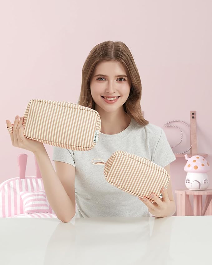Narwey Cute Makeup Bag Small Toiletry Bag Travel Cosmetic Bag Organizer Make Up Bags with Organized Pockets for Women (Brown Stripe, Large)