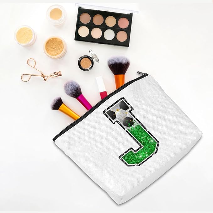 Soccer Gifts Initial Makeup Bag Monogrammed Cosmetic Bag Letter J Zipper Pouch Soccer Accessories for Girls Women Soccer Player Coach Friend Soccer Stuff Graduation Birthday Gifts