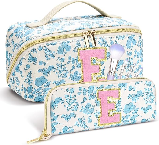Personalized Travel Makeup Bag Set,Initial Travel Cute Floral Makeup Organizer Bag,Toiletry Skincare Cosmetic Bag,Christmas Gifts for Women/Girls,Open Flat Toiletry Pouch with Brush Pocket-E