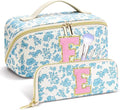 Personalized Travel Makeup Bag Set,Initial Travel Cute Floral Makeup Organizer Bag,Toiletry Skincare Cosmetic Bag,Christmas Gifts for Women/Girls,Open Flat Toiletry Pouch with Brush Pocket-E