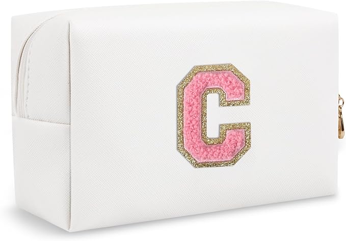 Personalized Initial Preppy Makeup Bag, Small Cute White Toiletry Pouch Monogram Cosmetic Travel Organizer with Zipper, PU Waterproof Glitter Make Up Storage Gift for Coworker Teacher Her(Letter C)
