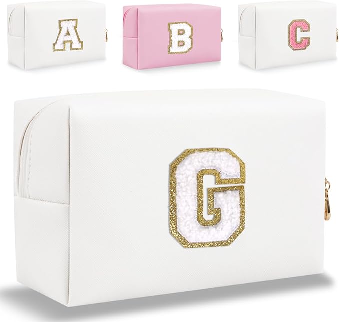 Small Personalized Letter Makeup Bag, Cute PU Leather Chenille Letters Cosmetic Bag Travel Makeup Pouch, Preppy Travel Organizer Zipper Pouch for Women&Girls（White-G）
