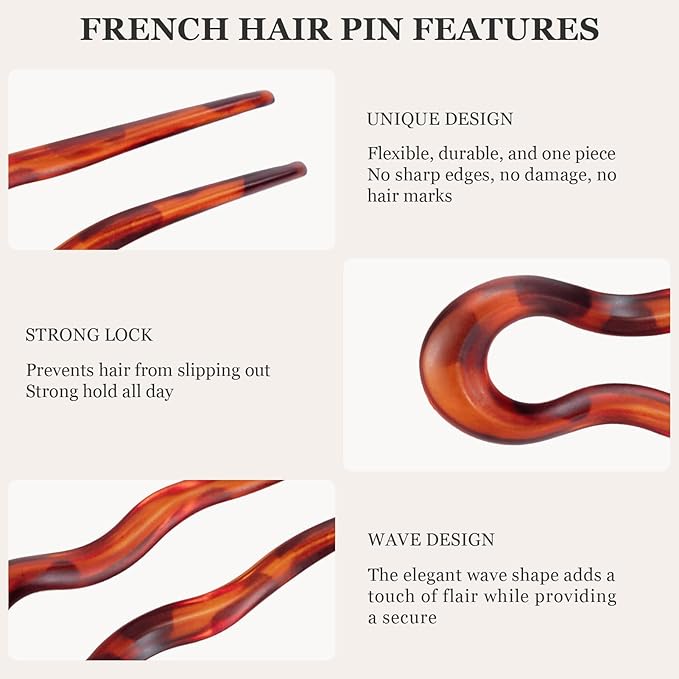 Sunolga 8PCS French Hair Pins for Thick Hair, Fashion French Pins Hair Styling, French Hairpin for Women Fine Hair Accessories, French Twist Pin Wavy U Shaped Holiday Gifts