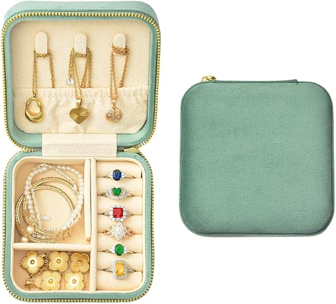 Travel Jewelry Case, Small Plush Velvet Jewelry Box for Women and Girls, Portable Jewelry holder organizer for Rings Earrings Necklaces Bracelets(Mint)