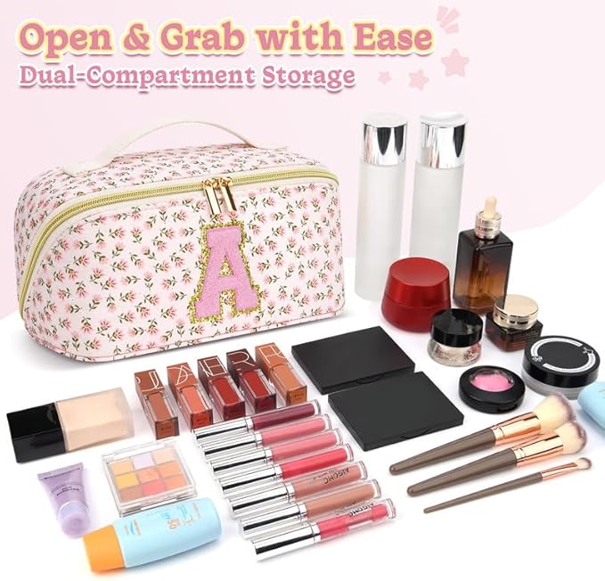 Personalized Travel Makeup Bag Set,Initial Travel Cute Floral Makeup Organizer Bag,Toiletry Skincare Cosmetic Bag,Christmas Gifts for Women/Girls,Open Flat Toiletry Pouch with Brush Pocket-G