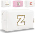 Small Personalized Letter Makeup Bag, Cute PU Leather Chenille Letters Cosmetic Bag Travel Makeup Pouch, Preppy Travel Organizer Zipper Pouch for Women&Girls（White-Z）