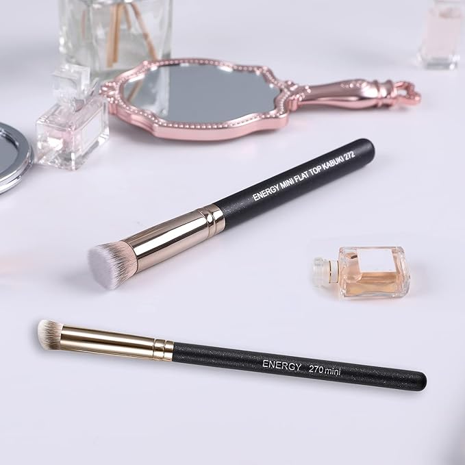 ENERGY Kabuki Brushes Set - Mini Flat Top Kabuki Brush and Slant Concealer Brush Under Eye for Eyebrows Eyeshadow Brushes for Liquid Cream Powder Blending,Stippling,Highlighter and Nose Contour