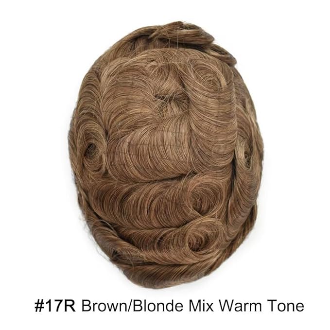 FACE MIRACLE Toupee for Men French Lace Hairpiece Human Hair Replacement System Skin PU Mens Toupee Hair Wigs for Man V-Looped Front Hair Prosthesis 6"X8" 17R#BROWN/BLONDE MIX WARM TONE