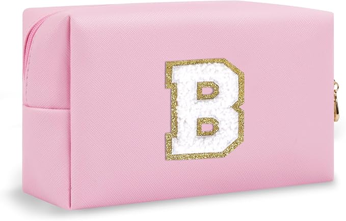 Small Initial Preppy Makeup Bag Organizer, Pink Cute Chenille Letter Cosmetic Pouch with Zipper Toiletry Bags for Traveling, Waterproof PU Makeup Case Personalized Gifts for Bachelorette(Letter B)