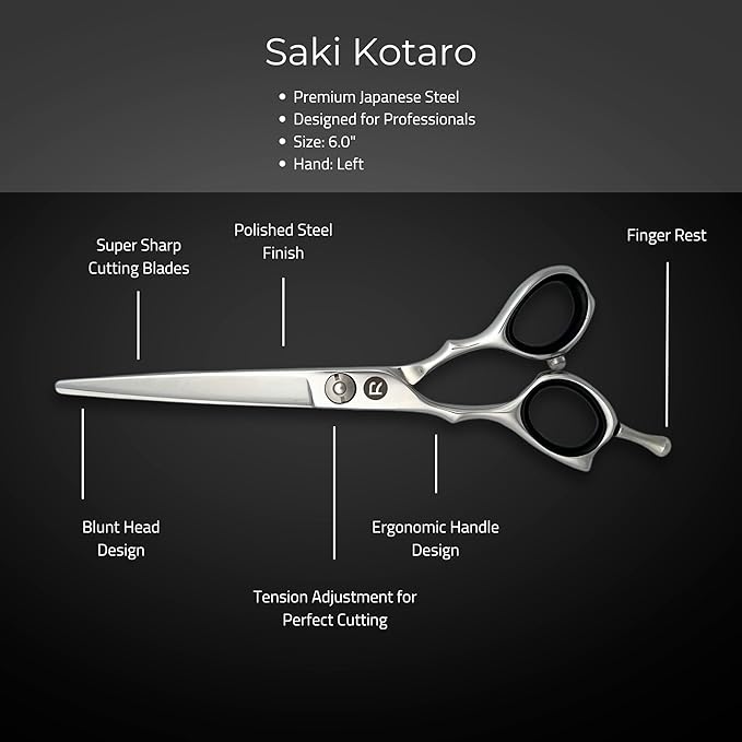 Left Handed Set of Hair Cutting Shears - Saki Kotaro - Made from Japanese 440C Steel - 6 Inch Set Includes Left Hair Scissors, Left Thinning Shears, Razor and Leather Shears Case