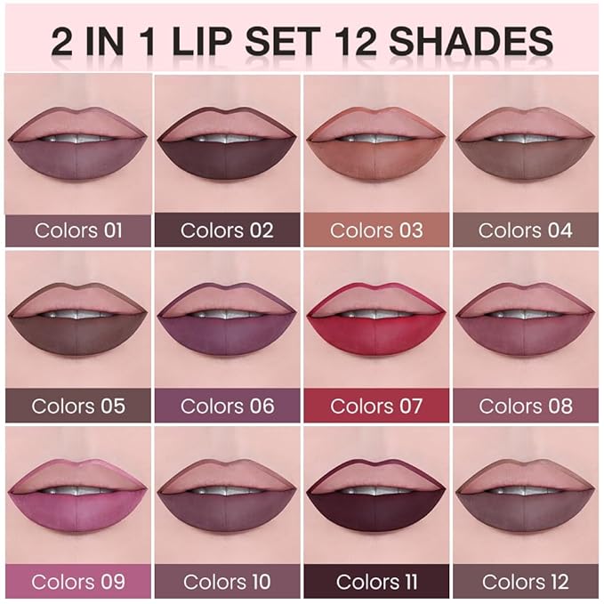 AMY'S DIARY 2pcs Purple Lip Liner & Lipstick Makeup Set, Liquid Lipstick 24H and Lip Liner Set Matt Liquid Lips Make Up Waterproof Long Lasting (06#, 2 Pcs Set)