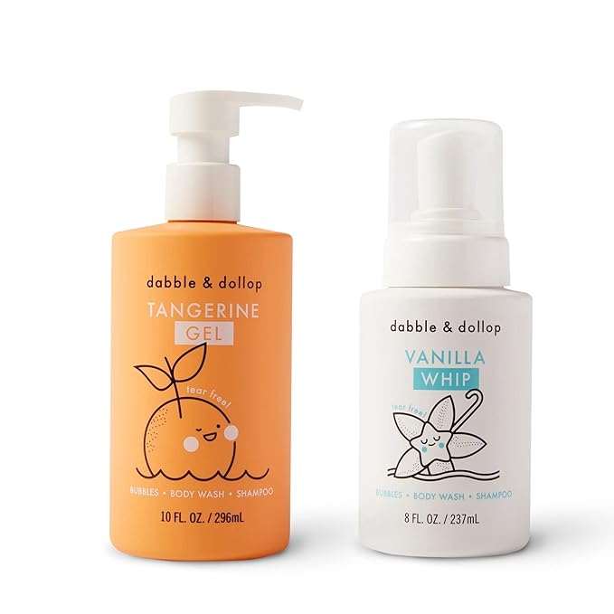 Dabble & Dollop Tangerine + Vanilla Body Wash & Shampoo – 3-in-1 Natural Bubble Bath for Kids, No Parabens or Sulfates, Vegan, Gluten-Free, Tear-Free (2-Pack)