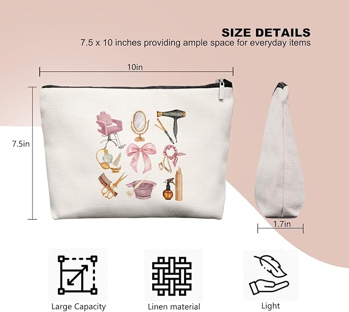 Pink Hairstylist Makeup Bag for Women, Cosmetology Student Gifts, Hairdresser Travel Cosmetic Organizer Pouch, Cute Salon Accessories for Teen Girls, Aesthetic Beauty Bag 7.5 x 10 in