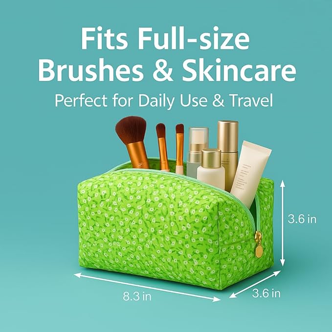Floral Cotton Makeup Brush Cosmetic Bag for Women & Men, Travel Quilted Zipper Pouch, Large Capacity Flowers Toiletry Organizer, Kawaii Makeup Storage Case, Cosmetic Travel Cloth Bag-Green Floral